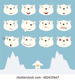 Collection isolated heads of polar bear in different emotion and body on ice.