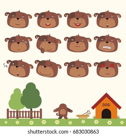 Collection isolated heads of puppy dog in different emotion and his body on meadow with doghouse.