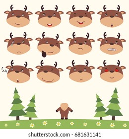 Collection isolated heads of reindeer in different emotion and his body on meadow with trees.