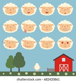 Collection isolated heads of sheep in different emotion and body on meadow with trees.