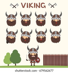 Collection isolated heads of vikings in different emotion and his body.