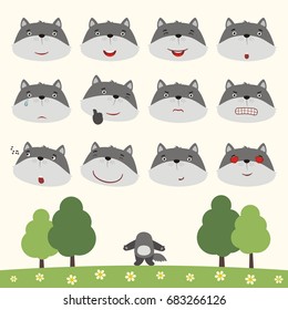 Collection isolated heads of wolf in different emotion and body on meadow with trees.