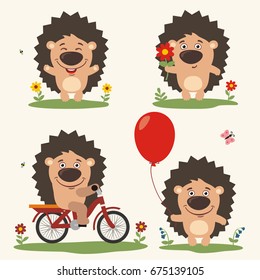 Collection isolated hedgehog on bicycle, with balloon and flower in cartoon style.