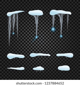 Collection of isolated icicles and snow drifts with shining lights and snowflakes 