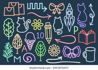 Colección de iconos aislados en estilo neón. Señal luminosa, señales de luz brillante vectorial. Iconos de neón brillantes como flechas, gatos, árboles, arcos, flores y otros objetos.