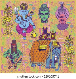 Collection of isolated Indian objects on seamless pattern. Hand drawn vector.