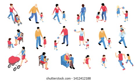 Collection of isolated isometric family baby kids children human characters with various items on blank background vector illustration