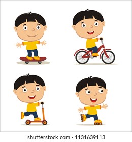 Collection of isolated little boy with black hair on bike, skateboard, scooter and roller skates.