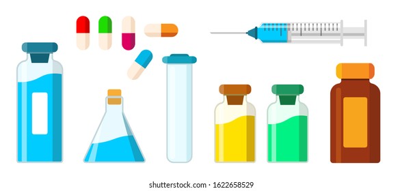 Collection of isolated medical items. A syringe with an injection and needle, pharmacology liquid, an Empty beaker, Capsule pill, glass bottle, Test tube. isolated vector illustration in flat style