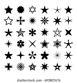 Collection of isolated monochrome vector signs. Black stars, crosses and flowers on white background.