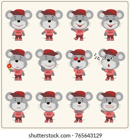 Collection of isolated mouse boy in clothes and cap in cartoon style.