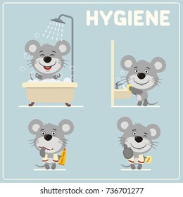 Collection of isolated mouse in cartoon style for rules of child hygiene: showering, washing hands, brushing her teeth.