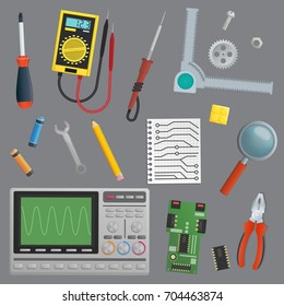 A collection of isolated objects for technology engineer workshop environment. Tools and devices for drafts computer repair and other.