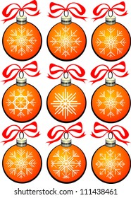 Collection of Isolated Orange Christmas Balls with White Snowflakes on White Background, Vector Clip-Art Illustration