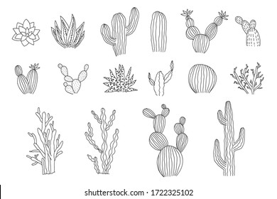 Collection Of Isolated Outline Black Vector Cactus And Succulents Elements. 