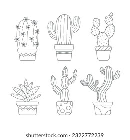 Collection of isolated outline black vector cactus and succulents elements.