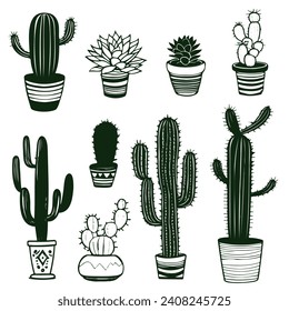 Collection of isolated outline black vector cactus and succulents elements.