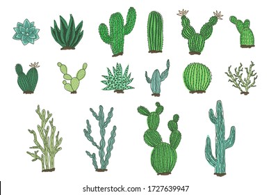 Collection of isolated outline colorful vector cactus and succulents elements. Cute bright green hand drawn textured doodle cacti illustrations for pattern design, logo, coloring book, decor