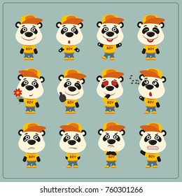 Collection of isolated panda bear boy in clothes and cap in cartoon style.