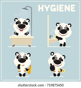 Collection isolated of panda bear in cartoon style for rules of child hygiene: showering, washing hands, brushing teeth.