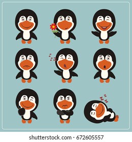 Collection isolated penguin in different poses in cartoon style.
