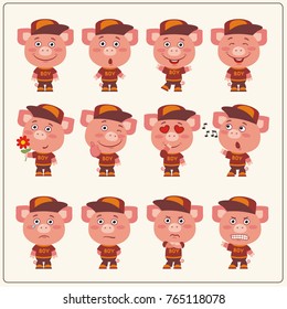 Collection of isolated pig boy in clothes and cap in cartoon style.