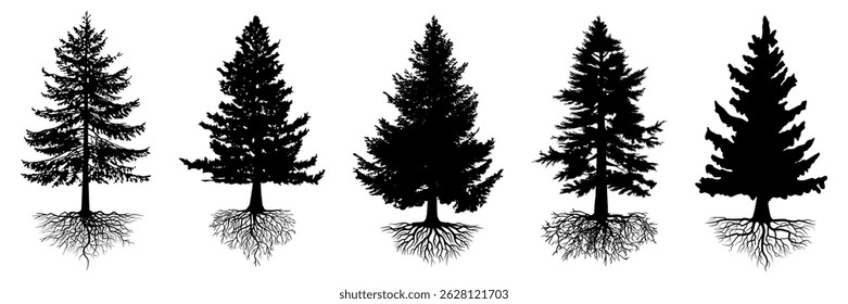 collection isolated pine trees and roots Symbol silhouette style on white background. Can be used for your work.