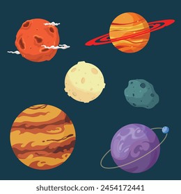 Collection of isolated planets and celestial bodies in flat style. Hand drawn cartoon stylisation. Set of space vector objects