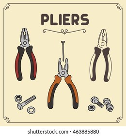 Collection isolated pliers in hand drawing style.