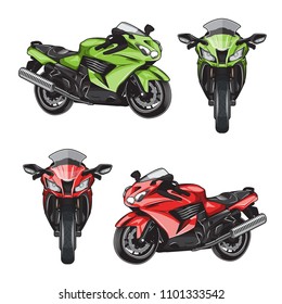 Collection of isolated powerful modern futuristic shiny sport bike illustrations. Front and side view morcycle, motorbike illustrations.