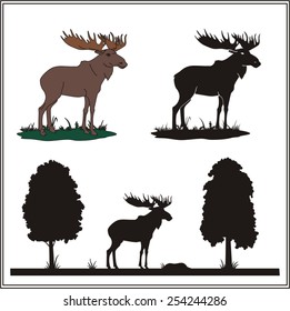 Collection of isolated profile and silhouette of moose on white background.