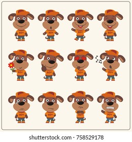 Collection of isolated puppy dog boy in clothes and cap in cartoon style.