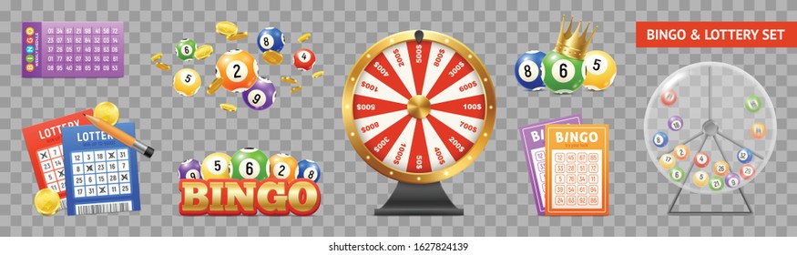 Collection of isolated realistic bingo accessories images on transparent background with lottery tickets and numeric balls vector illustration  