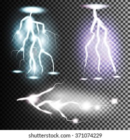 Collection of the isolated realistic lightnings with transparency for design. Thunder-storm and lightnings. Bright lighting effects.
