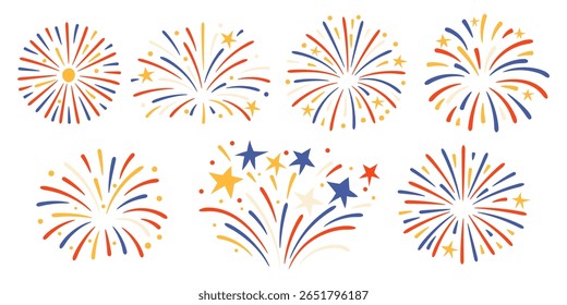Collection of isolated red yellow blue and white firework icons in flat style. Includes various starburst shapes. 