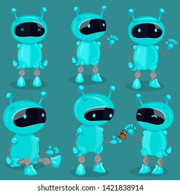 Collection of isolated robot in cartoon style showing different emotions. Blue cute vector robots.