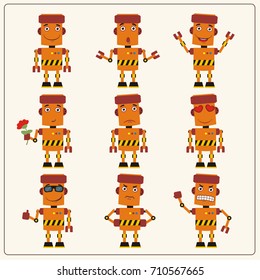 Collection isolated robot in cartoon style showing different emotions.