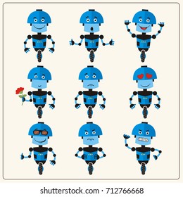 Collection isolated robot on wheel in cartoon style showing different emotions.