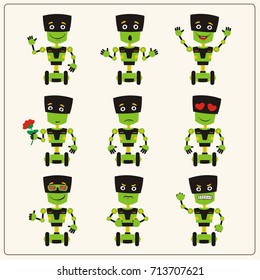 Collection isolated robot on wheels in cartoon style showing different emotions.