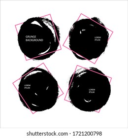 Collection of isolated round textured ink brush stroke background with geometric frame. Hand-drawn illustration