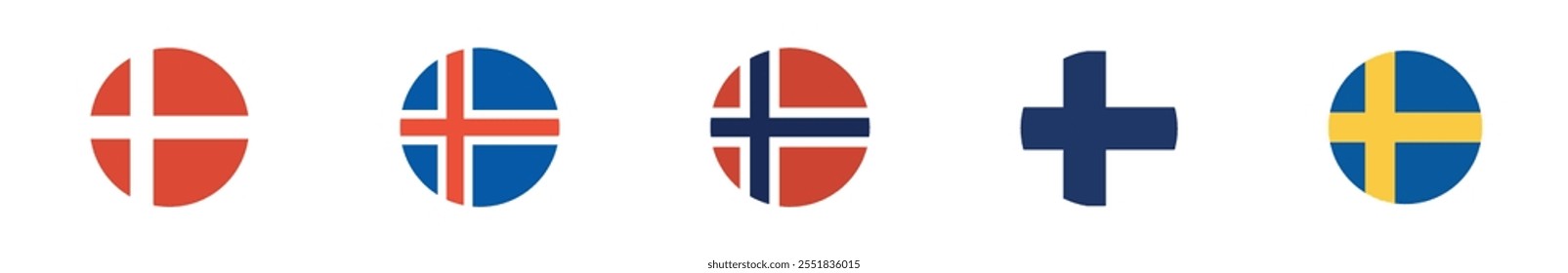 A collection of isolated round vector flags representing the Nordic countries with a simple, modern design. Vector images are isolated on a transparent background.