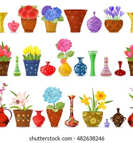 collection isolated seamless borders with flowers planted in art flowerpots and cute vases for your design