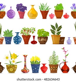 collection isolated seamless borders with herbs planted in pots, modern vases, flowerpots for your design