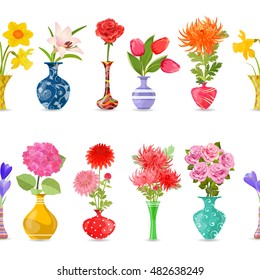 collection isolated seamless borders with lovely flowers in modern vases for your design