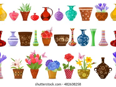 collection isolated seamless borders with lovely flowers in ethnic flowerpots and cute vases for your design