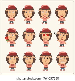 Collection of isolated sheep boy in clothes and cap in cartoon style.