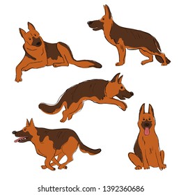 Collection of isolated Shepherd dog icons. Funny cartoon dog character set.