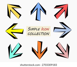 Collection of isolated simple colorful arrows and pointers web icons on white background. 