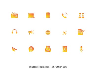 Collection of isolated social communication icons with gradient colors. Collection of icons for television, laptop, telephone, message, headset, web, satellite, gmail, microphone, etc. Vector illustra