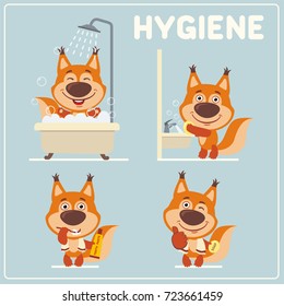 Collection of isolated squirrel in cartoon style for rules of child hygiene: showering, washing hands, brushing teeth. 